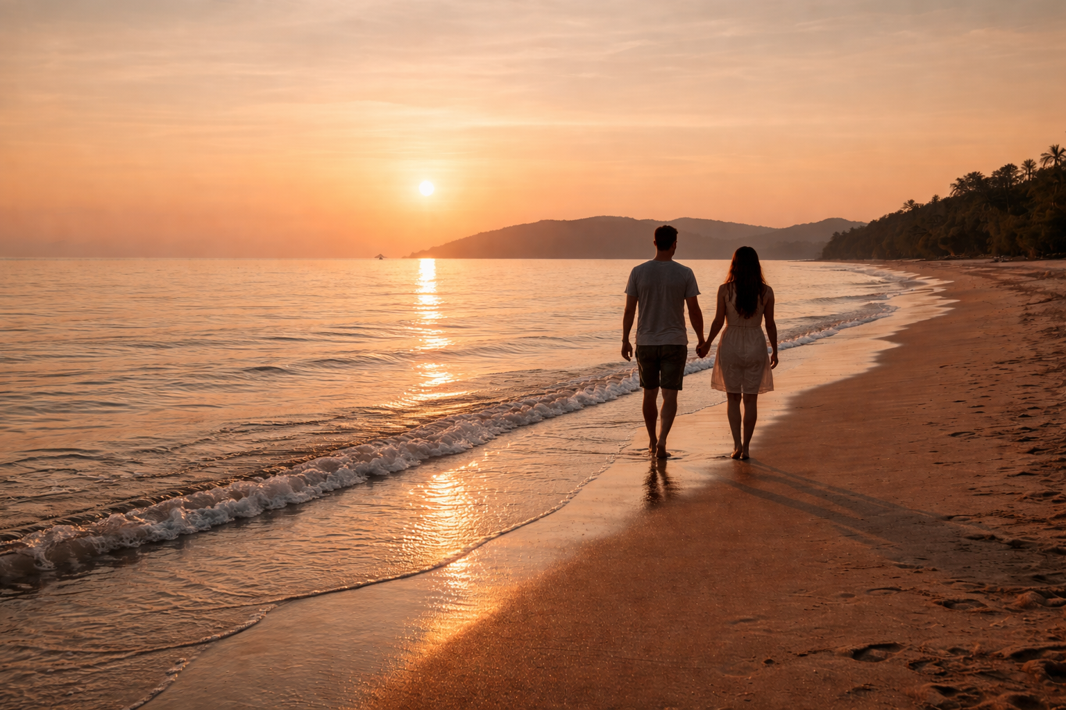 Sunset beach silhouettes (couple from behind)